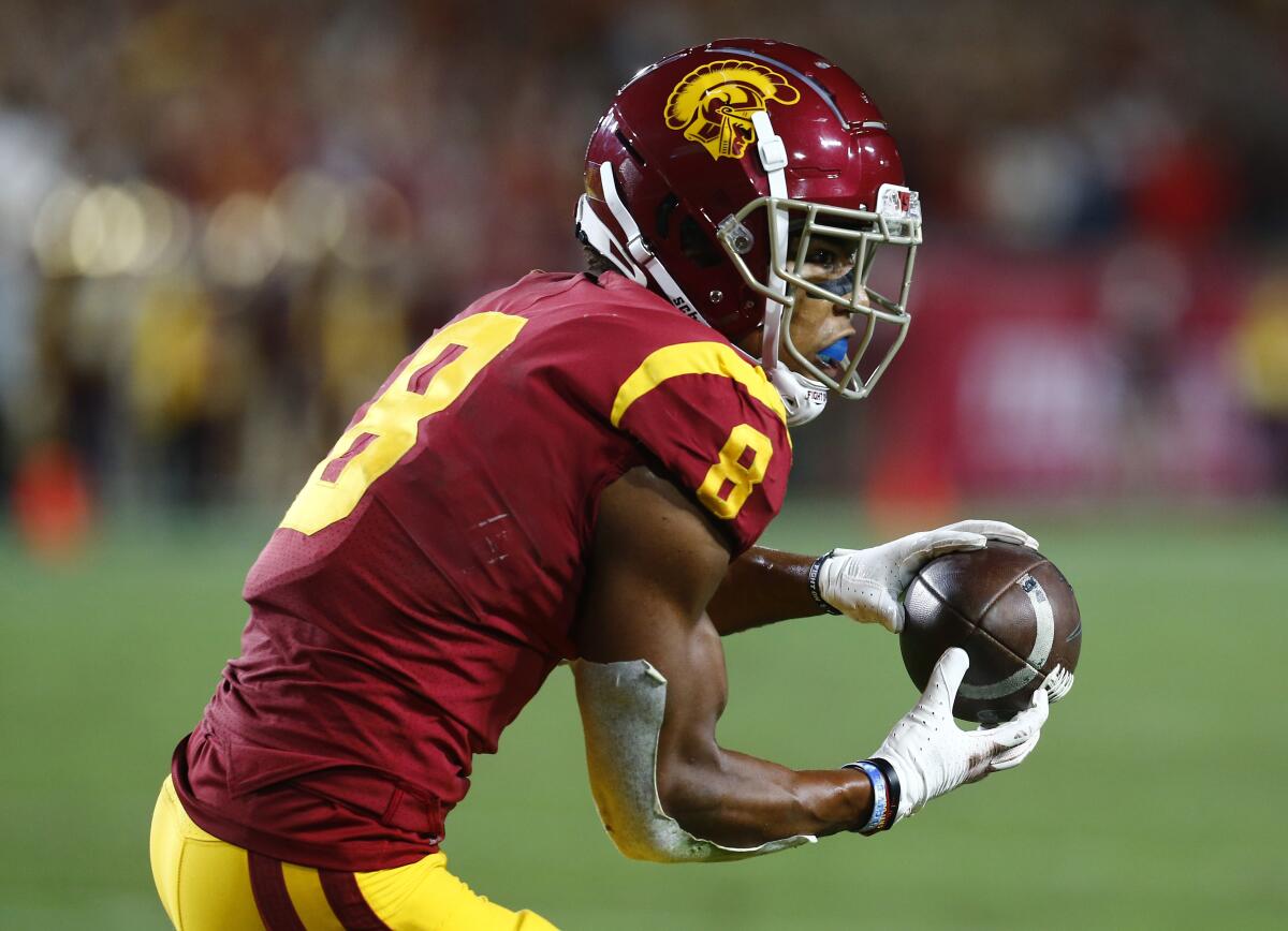 USC wide receiver Amon-ra St. Brown makes a touchdown catch.