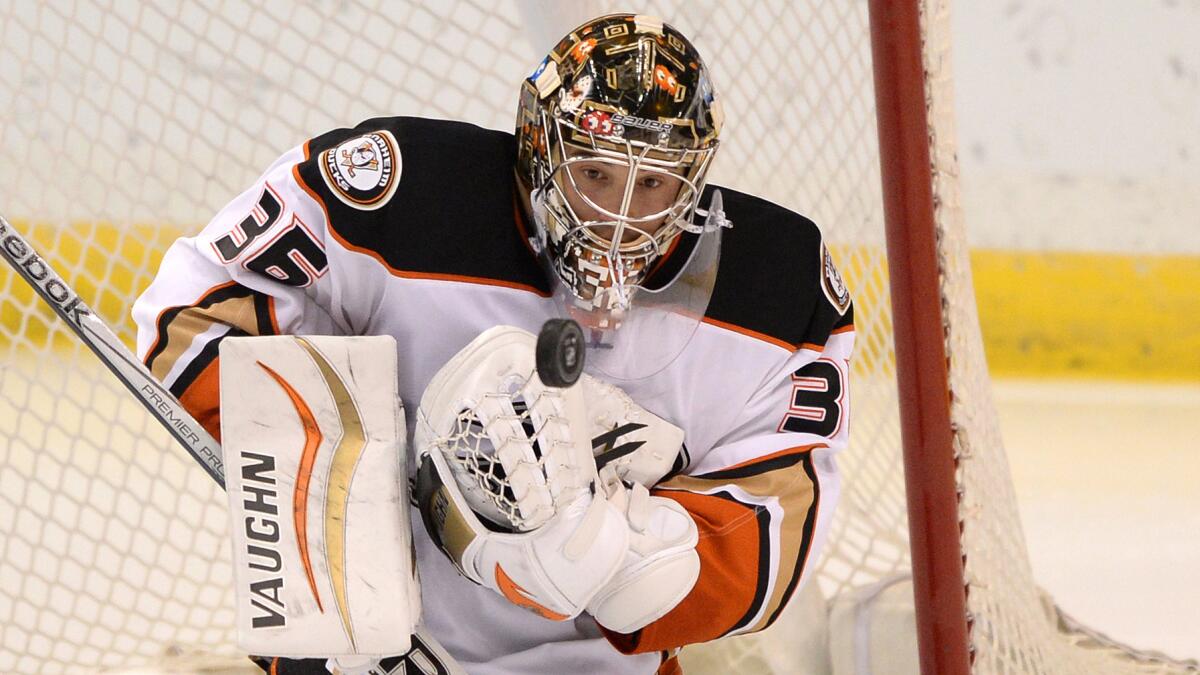 Ducks goalie John Gibson blocks a shot during a game against the St. Louis Blues on Oct. 30, 2014.
