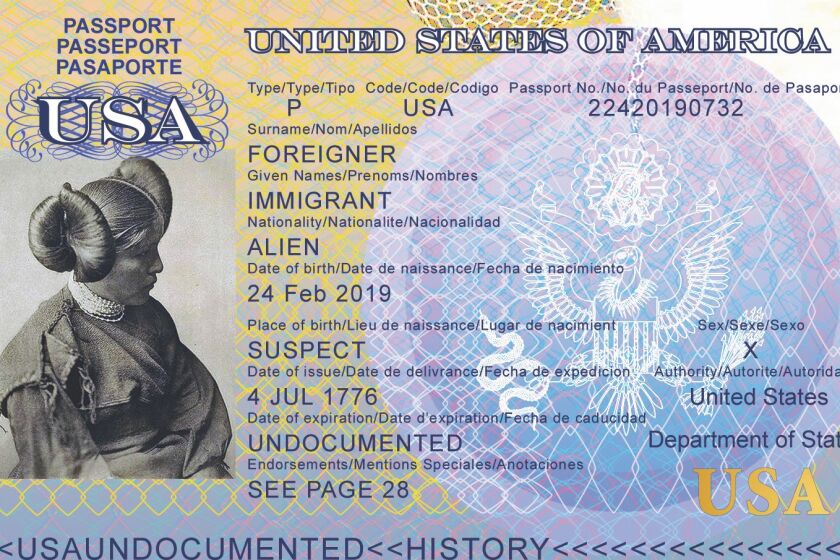 Detail from artist Pilar Castillo's "Passport," which mimics the official government document but with a pointed political message about the U.S. government's approach to migration and its historical treatment of people of color.