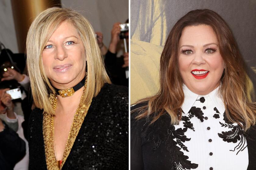 Barbra Streisand in a black, sparkly jacket and black chocker. A photo of Melissa McCarthy in a black and white dress top