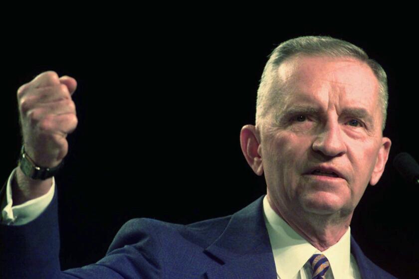 FILE --Reform Party presidential candidate Ross Perot addresses the Veterans of Foreign Wars convention Thursday morning, Aug. 22, 1996, in Louisville, Ky. A bipartisan commission recommended last week that Perot be denied a spot in the presidential debates because he has no ''realistic chance'' of winning the election. (AP Photo/Ed Reinke, file ) ORG XMIT: NY109