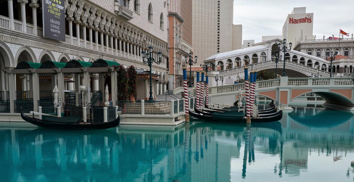 The Venetian’s fleet of gondolas is moored along the mock canal outside the Italian-themed resort on March 19. With most of Nevada in a state-ordered, 30-day lockdown, Las Vegas’ iconic, themed hotel-casinos are shuttered.