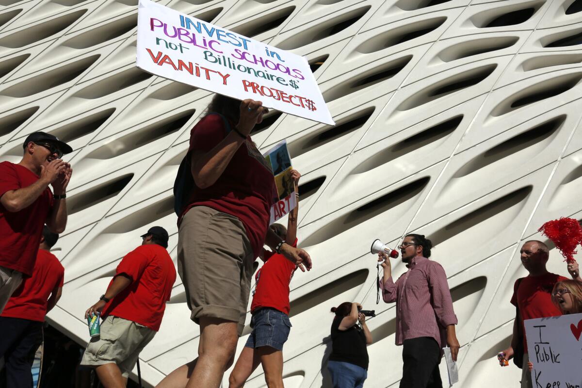 The United Teachers Los Angeles union staged a demonstration Sunday at the public opening of the Broad, Los Angeles' new contemporary art museum, protesting billionaire philanthropist Eli Broad's strong support for charter schools.