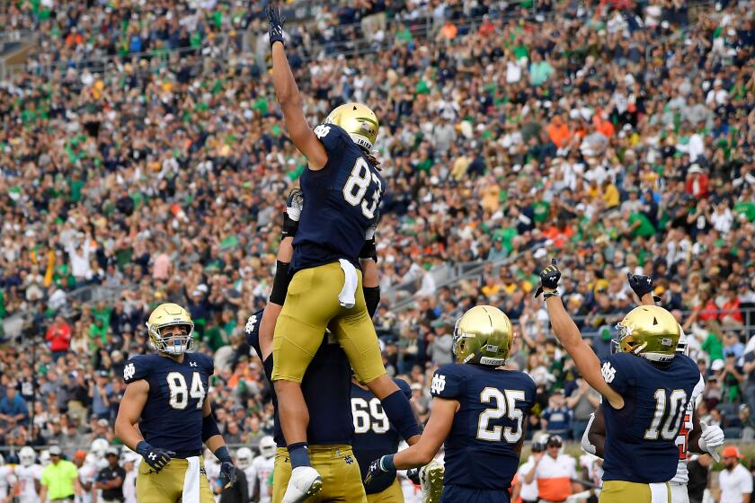 SOUTH BEND, INDIANA - OCTOBER 05: Chase Claypool #83 of the Notre Dame Fighting Irish celebrates with teammates after scoring a touchdown in the first half against the Bowling Green Falcons at Notre Dame Stadium on October 05, 2019 in South Bend, Indiana. (Photo by Quinn Harris/Getty Images) ** OUTS - ELSENT, FPG, CM - OUTS * NM, PH, VA if sourced by CT, LA or MoD **
