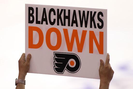 A fan of the Philadelphia Flyers holds up a sign in Game Three of the 2010 NHL Stanley Cup Final against the Chicago Blackhawks at Wachovia Center on June 2, 2010 in Philadelphia, Pennsylvania.