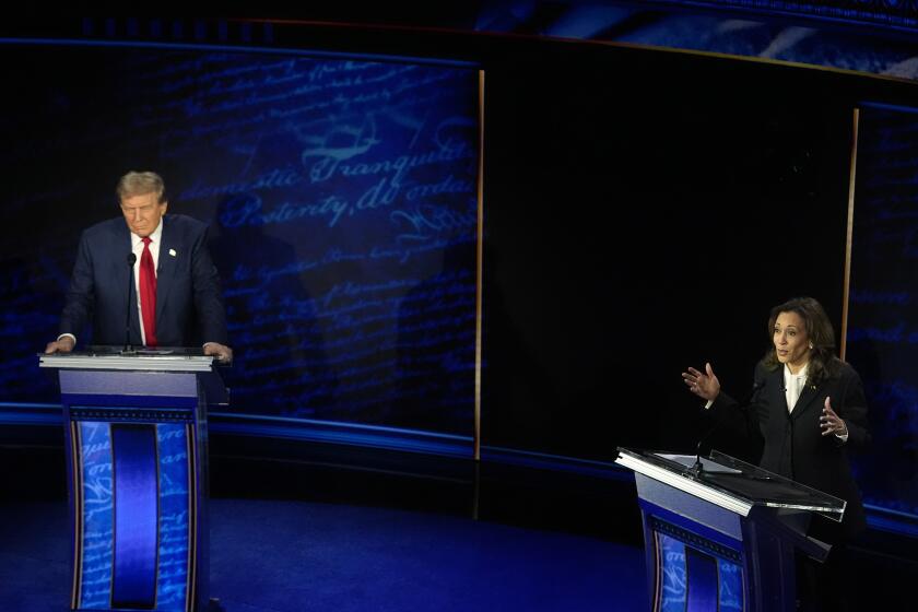 Republican presidential nominee former President Donald Trump and Democratic presidential nominee Vice President Kamala Harris participate during an ABC News presidential debate at the National Constitution Center, Tuesday, Sept.10, 2024, in Philadelphia. (AP Photo/Alex Brandon)