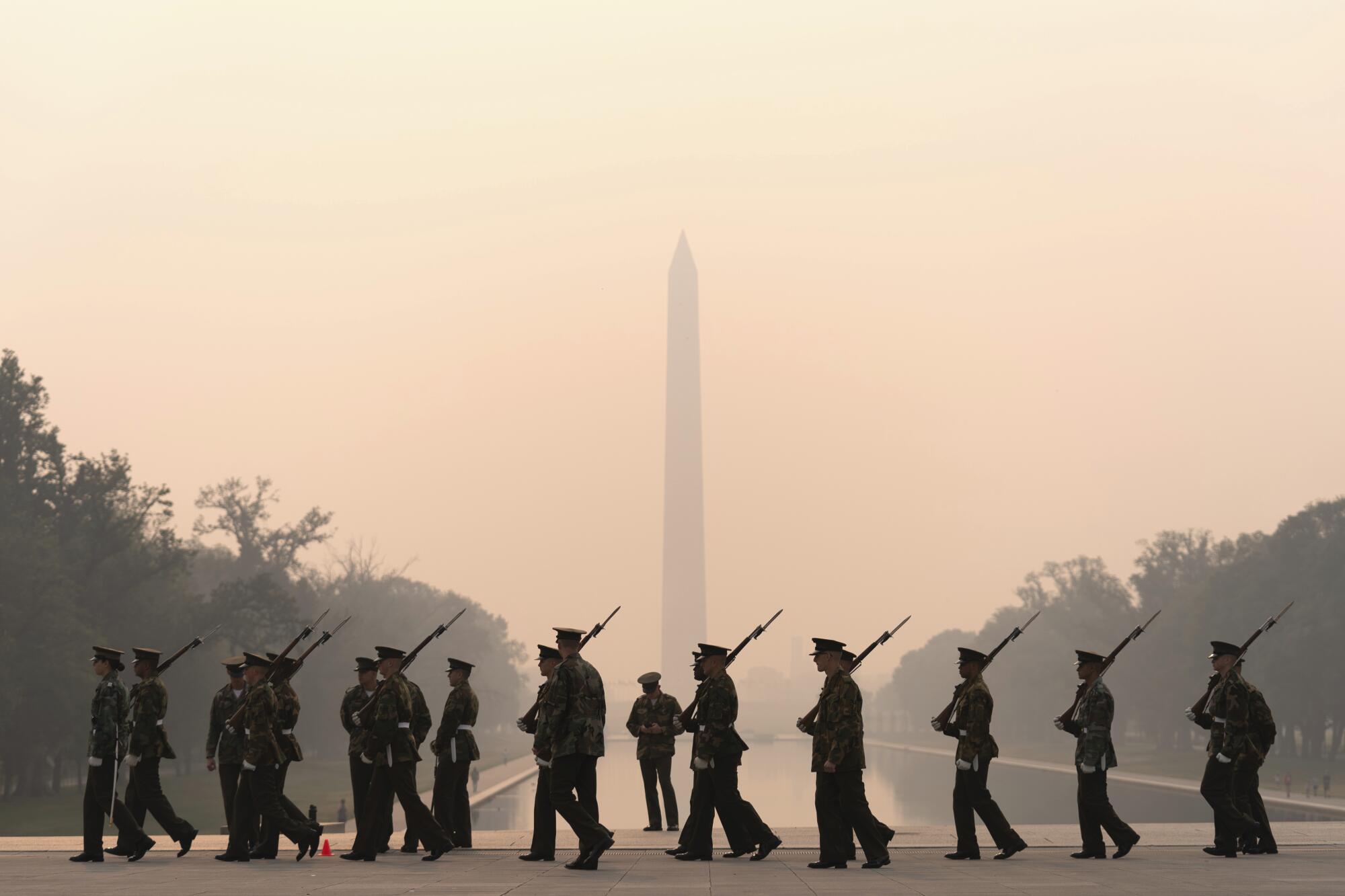 A Marine Corps honor color guard rehearses in Washington.