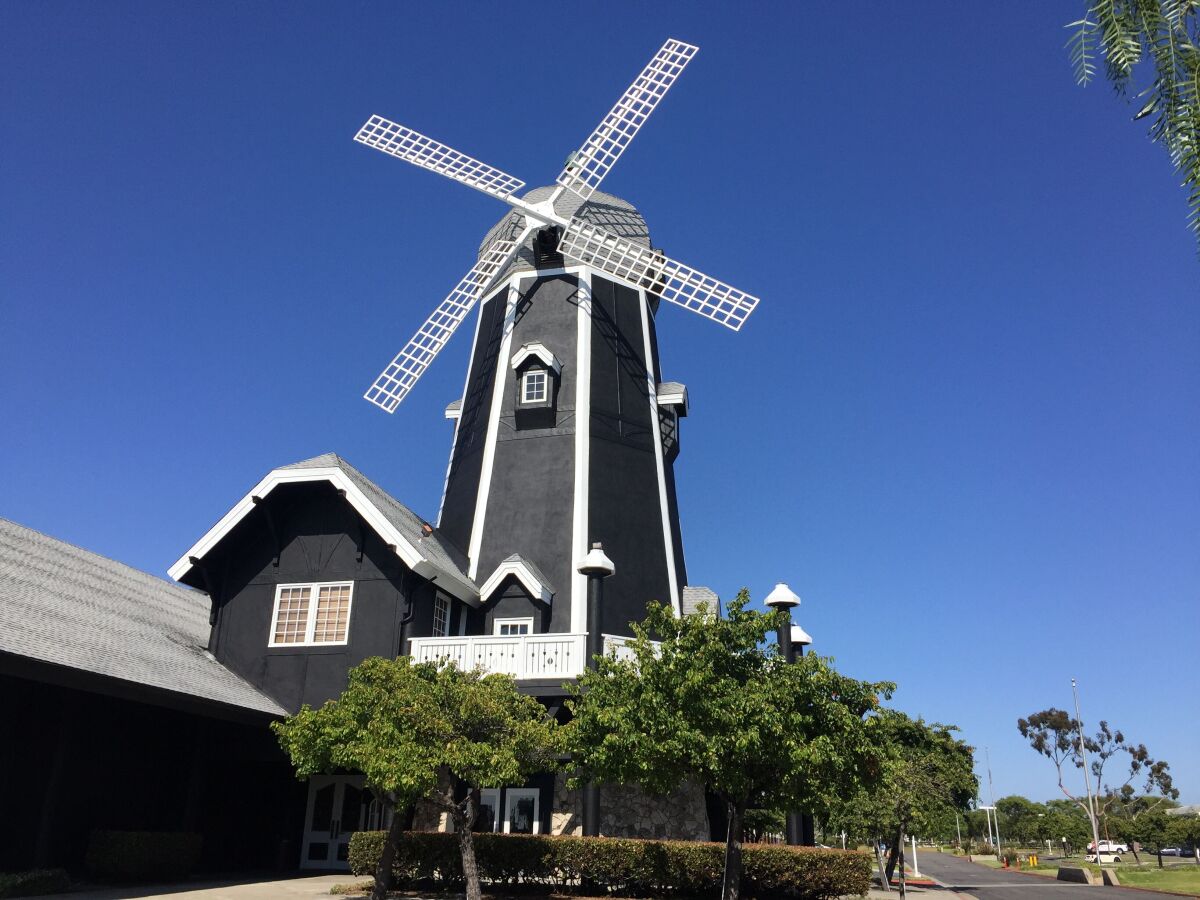 The iconic 1982 windmill building at Palomar Airport Road and Interstate 5 in Carlsbad is now the Windmill Food Hall.