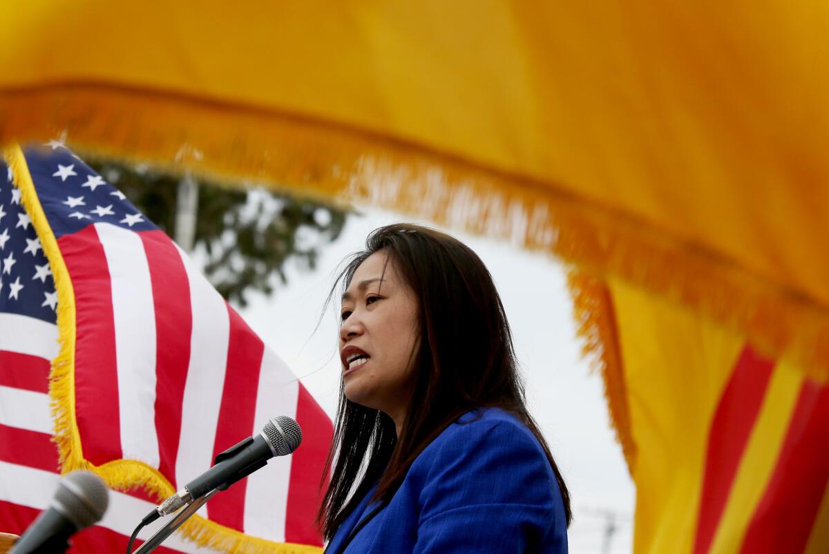 Former Sen. Janet Nguyen speaks at a rally in March 2017.