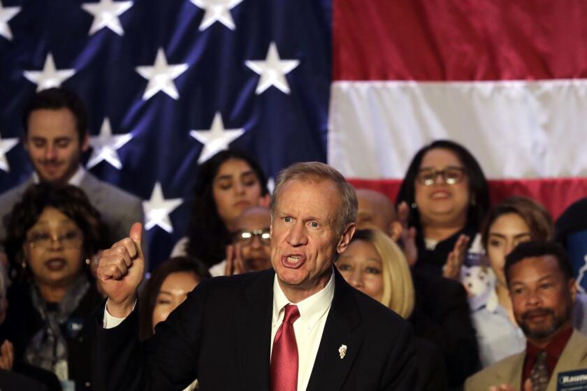 Illinois Republican Gov. Bruce Rauner addresses the crowd on primary election night, Tuesday, March 20, 2018, in Chicago. Rauner won the Republican nomination for a second term, and will face Democratic gubernatorial candidate J.B. Pritzker in the general election. (AP Photo/Nam Y. Huh)