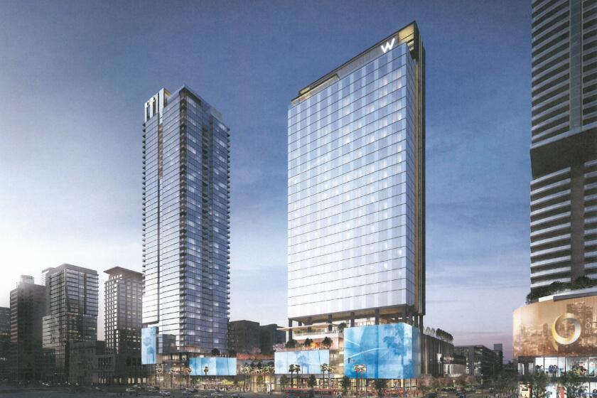 A rendering of a planned project by real estate developer Jia Yuan to redevelop the Luxe Hotel in downtown Los Angeles, replacing it with a new hotel and residential towers.