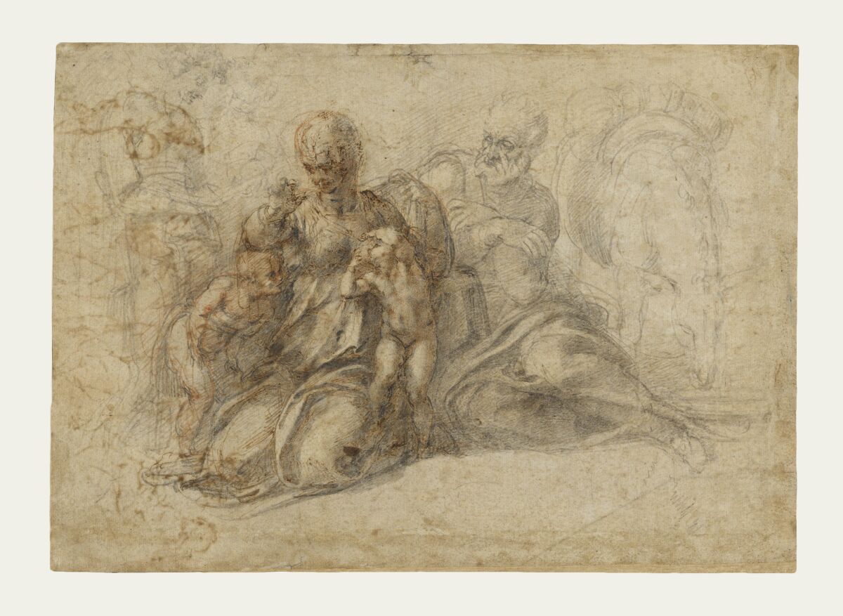 Michelangelo, "Holy Family With the Infant Saint John the Baptist," 1525-early 1530s, black and red chalk, pen and ink.