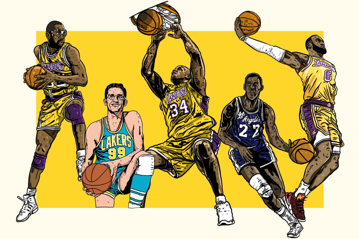 An illustrated collage of The Times' 75 greatest Lakers players.