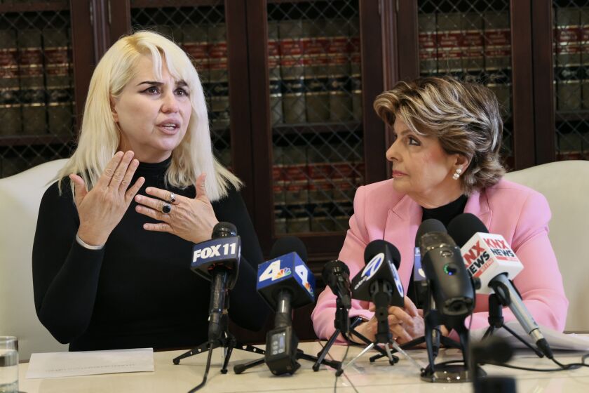 LOS ANGELES, CALIFORNIA - JUNE 01: Gloria Allred (R) and her client, photojournalist Nichol Lechmanik, hold a press conference to announce the filing of a lawsuit against Kanye West (Ye) on June 01, 2023 in Los Angeles, California. Ye is being sued for assault, battery, negligence, and violation of Nichol Lechmanik's civil rights during an incident earlier this year. (Photo by Rodin Eckenroth/Getty Images)