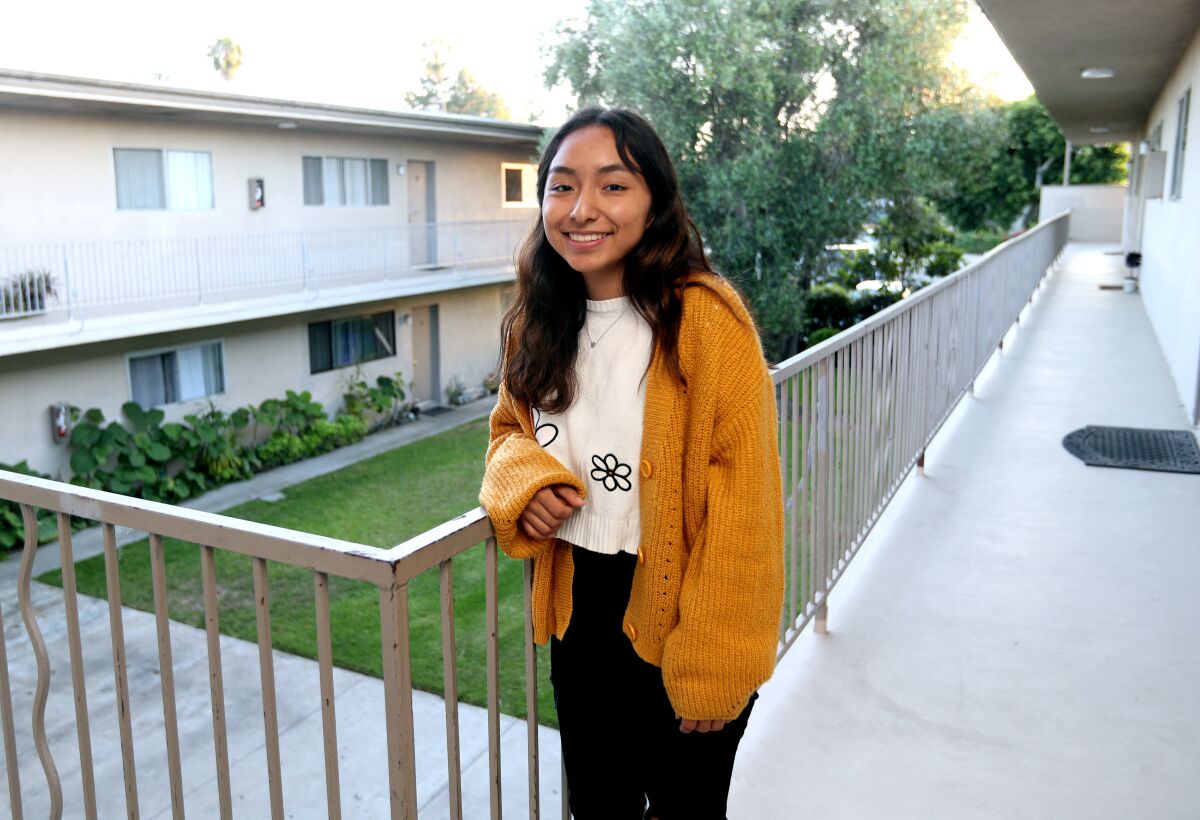 Paola Mendoza, who attends Costa Mesa's college prep school Early College, at her home in Costa Mesa.
