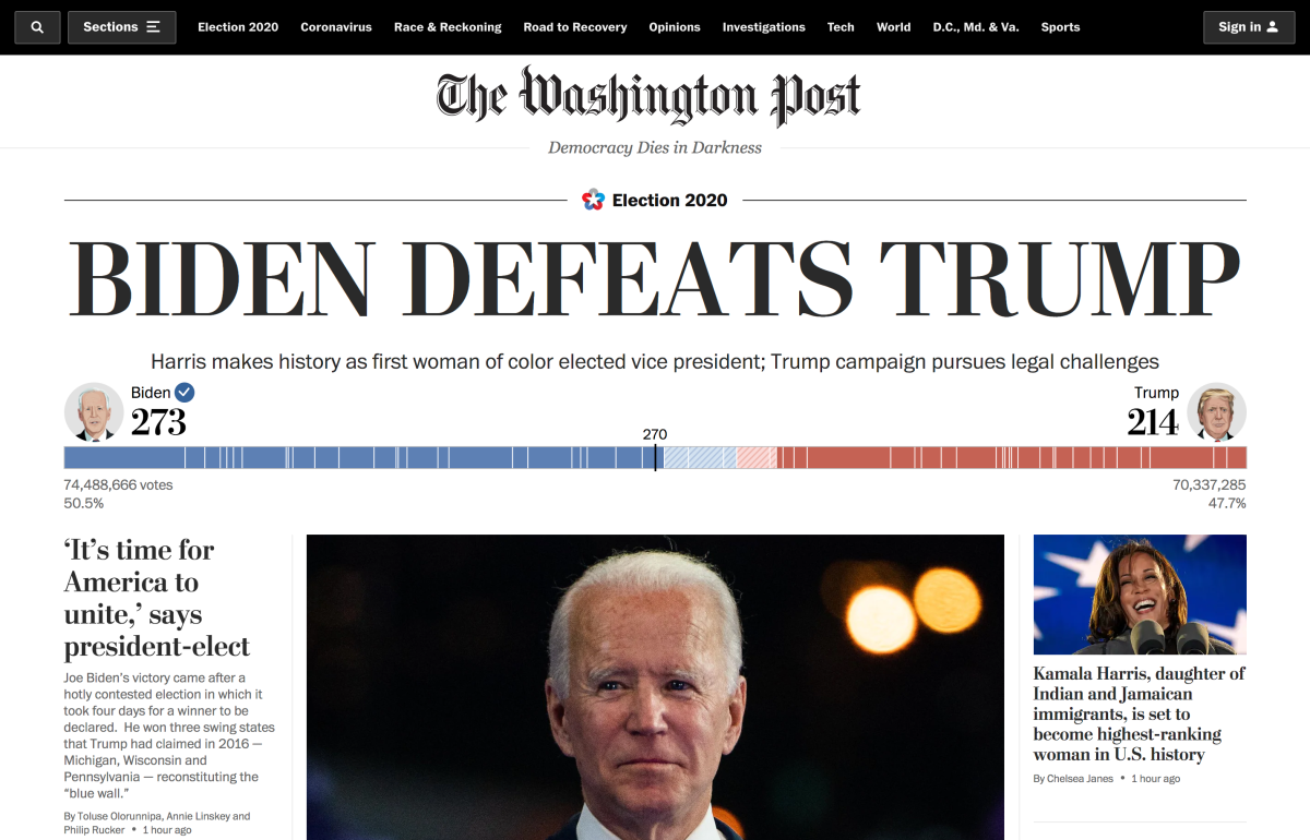 This is the washingtonpost.com homepage after Joe Biden was elected president.