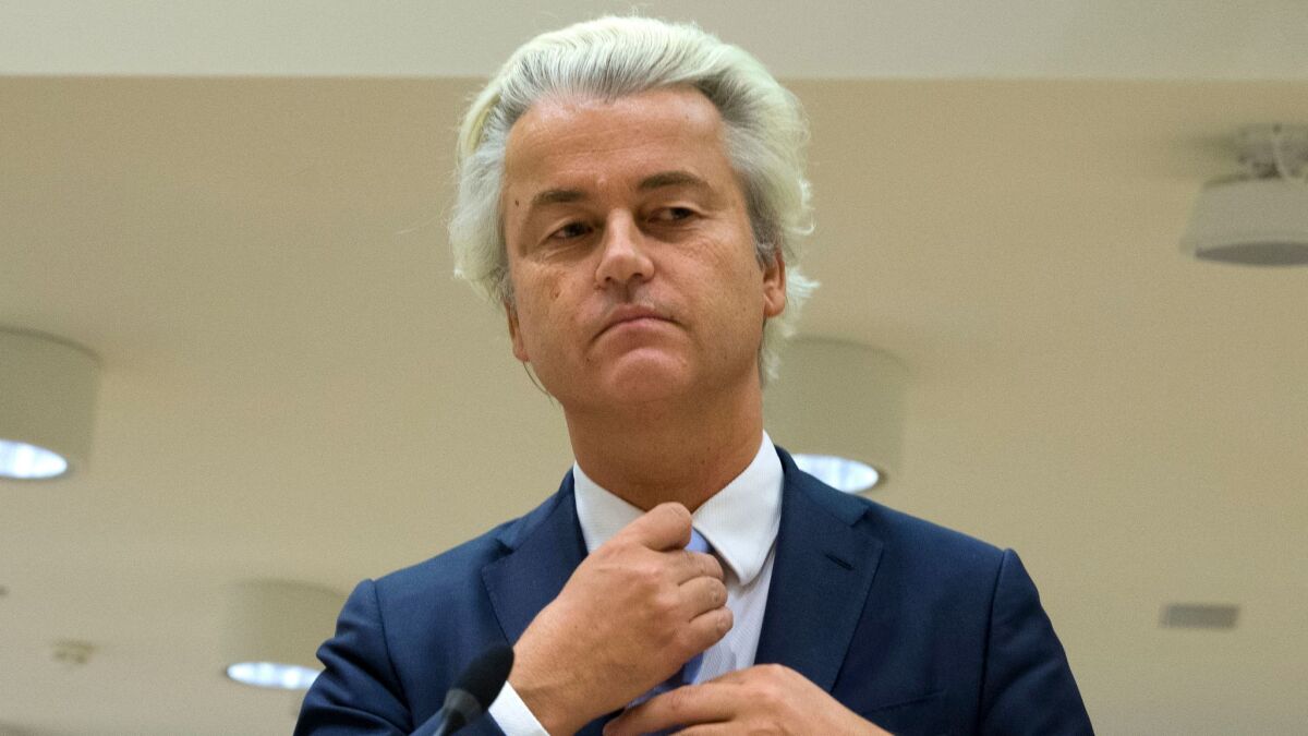 Populist anti-Islam lawmaker Geert Wilders prepares to address judges Nov. 23 at the high-security court near Schiphol Airport, Amsterdam.