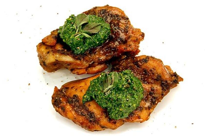 Roasted chicken thighs with spinach, basil, pistachio and avocado oil pesto