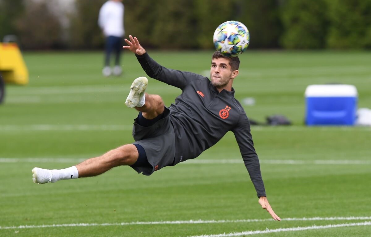 Christian Pulisic trains with Chelsea on Sept. 16 in Cobham, England.
