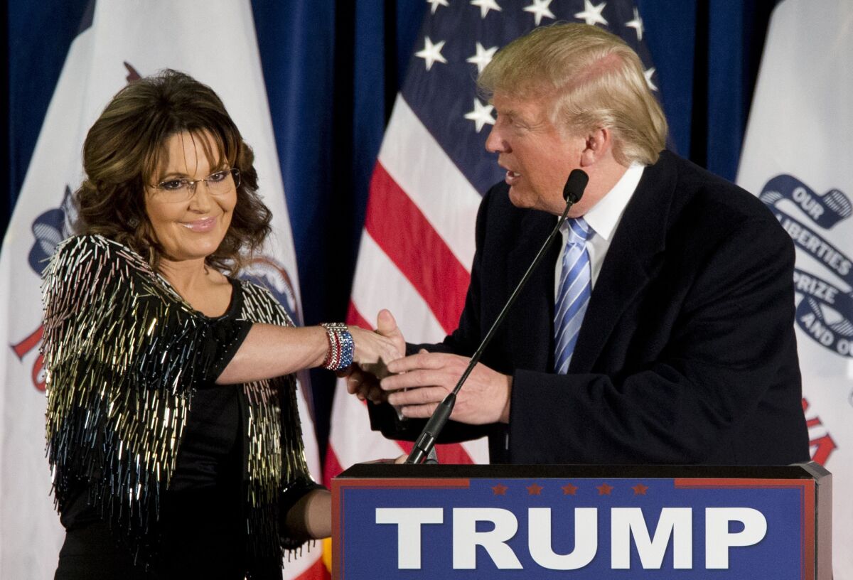Former Republican vice presidential candidate and former Alaska Gov. Sarah Palin endorses Republican presidential candidate Donald Trump during a rally at Iowa State University on Tuesday, Jan. 19, 2016, in Ames, Iowa.