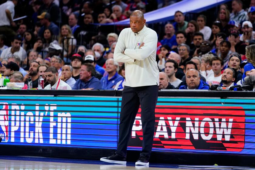 Philadelphia 76ers head coach Doc Rivers looks on during the second half of Game 6 of an NBA basketball second-round playoff series against the Miami Heat, Thursday, May 12, 2022, in Philadelphia. (AP Photo/Matt Slocum)
