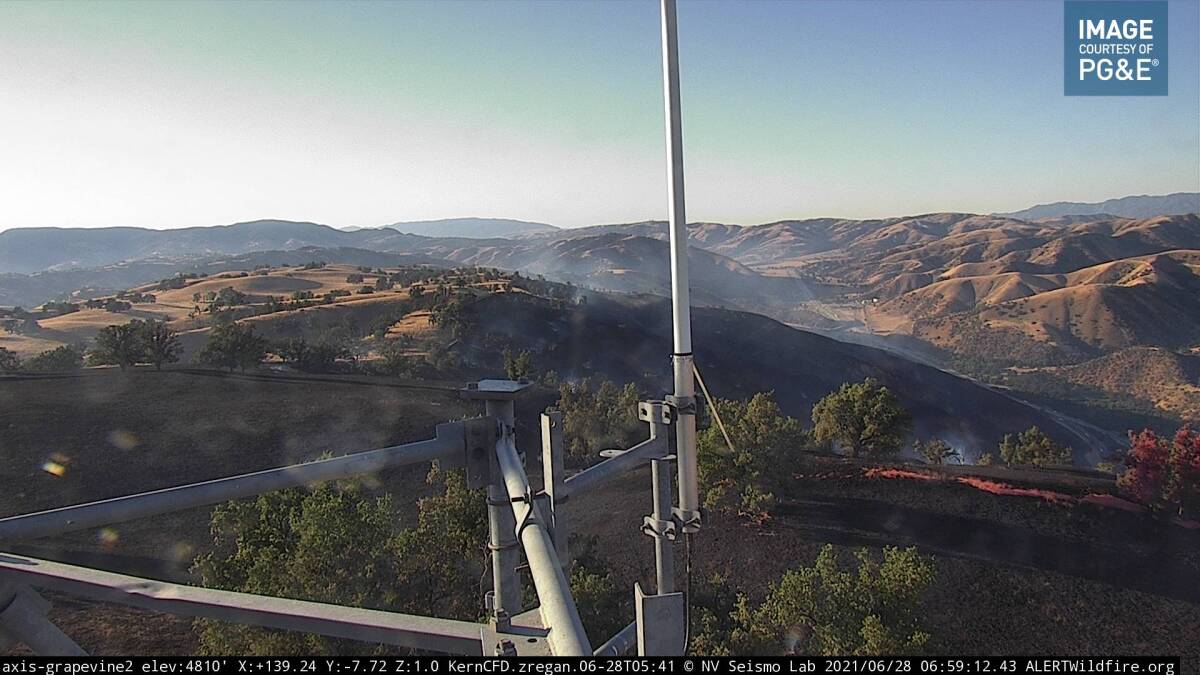 A view of the Shell fire from a wildfire camera Monday morning near the Grapevine.
