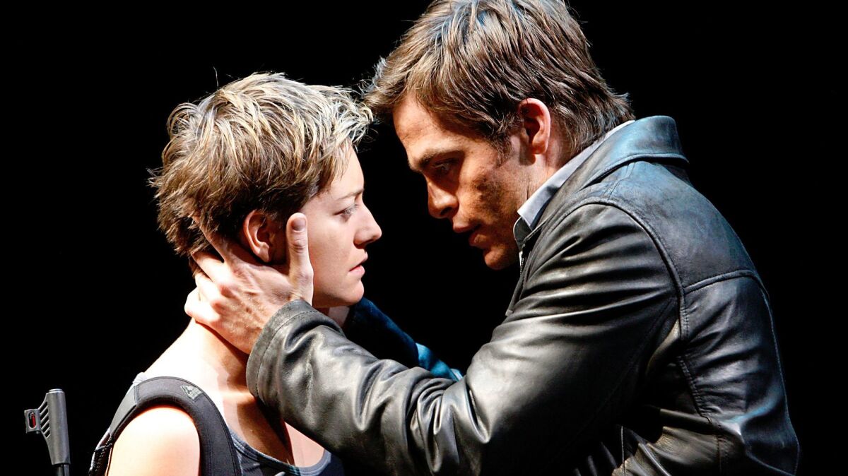 Chris Pine, right, is Padraic and Zoe Perry is Mairead in "The Lieutenant of Inishmore" at the Mark Taper Forum in Los Angeles. (Luis Sinco / Los Angeles Times)