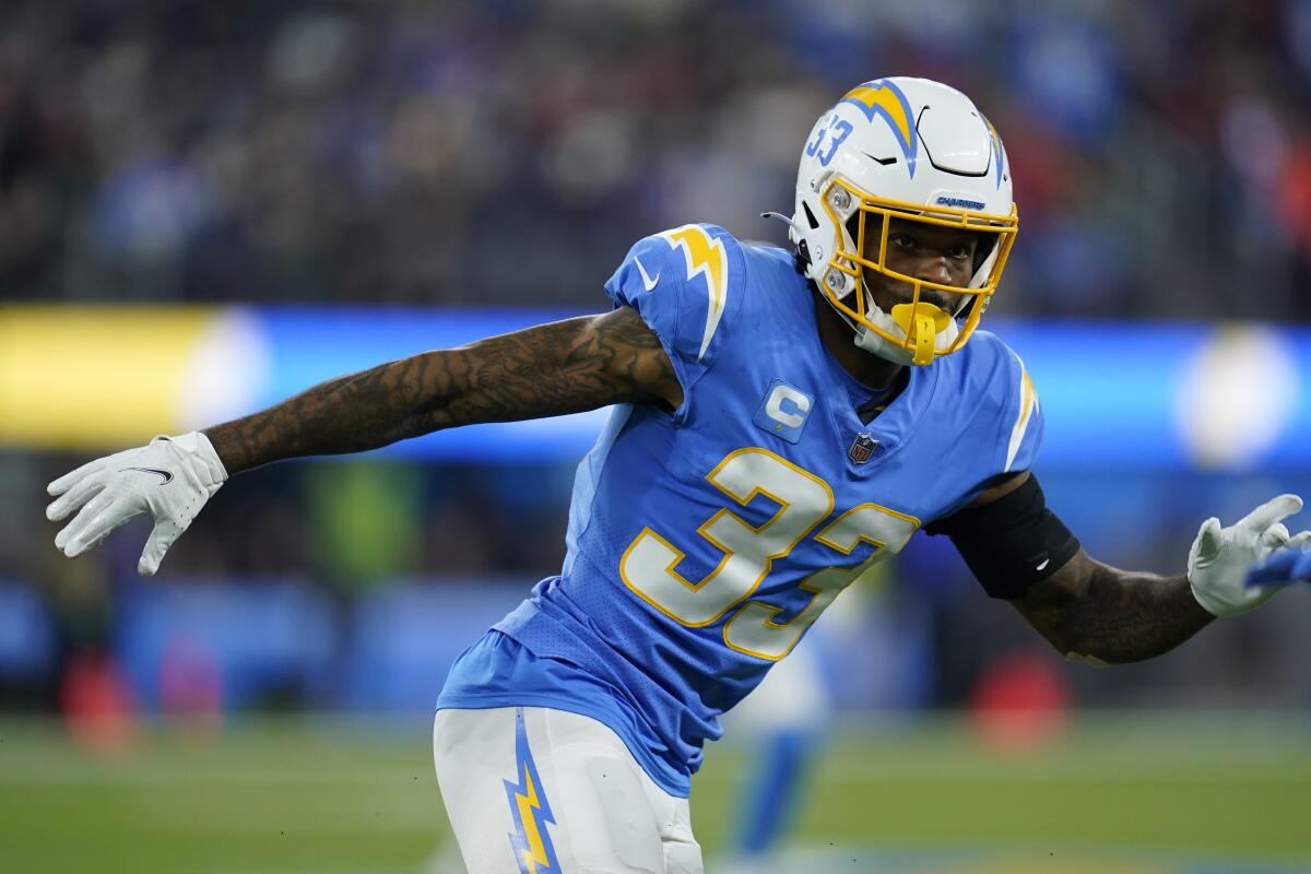 Chargers free safety Derwin James follows a play against the Kansas City Chiefs.