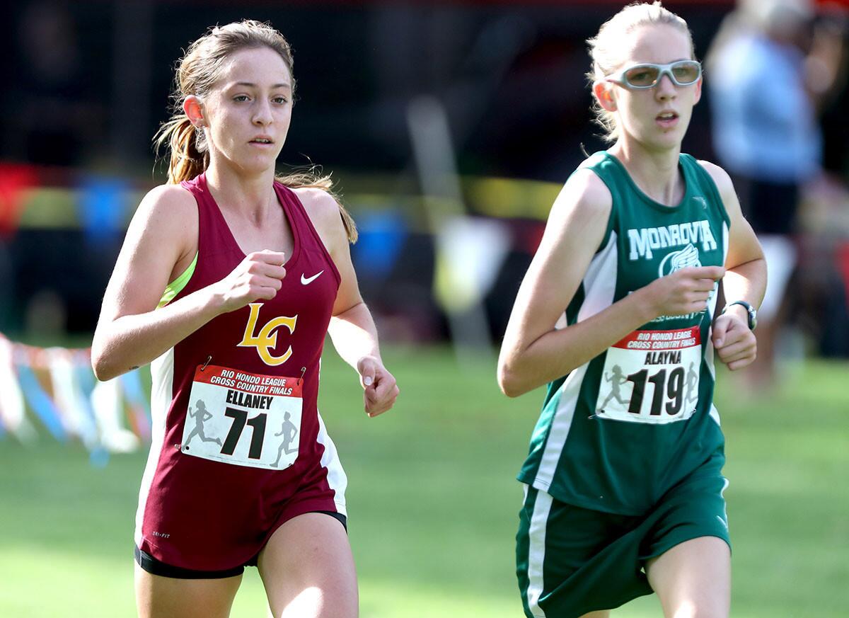 La Canada High School runner Ellaney Matarese edged out Monrovia High School runner Alayna Peters to win the Rio Hondo League girls varsity cross country finals at Lacy Park in San Marino on Thursday, Nov. 1, 2018. The LCHS team took second place in league, behind South Pasadena.