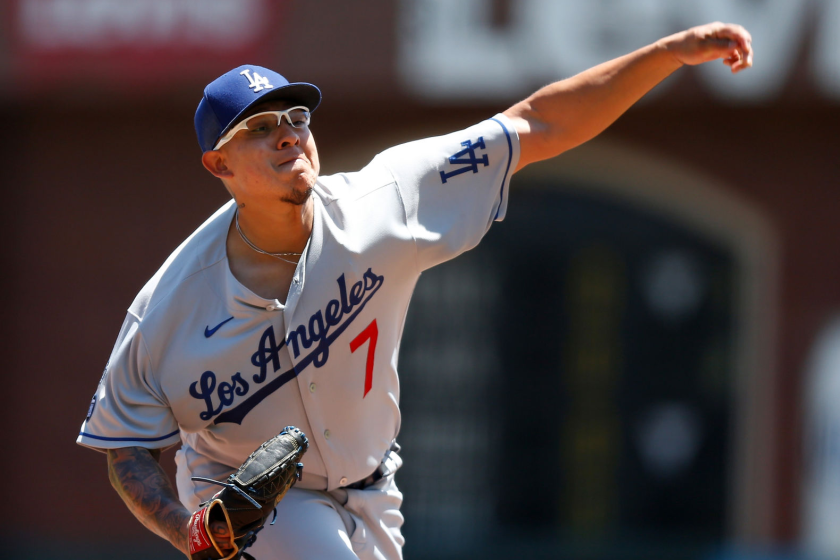 SAN FRANCISCO, CALIFORNIA - MAY 23: Julio Urias #7 of the Los Angeles Dodgers pitches in the bottom.