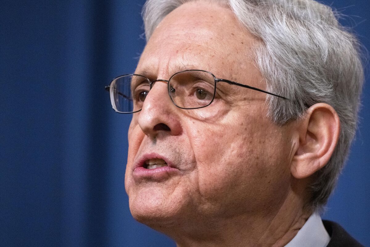 FILE - Attorney General Merrick Garland speaks about the verdicts in the Proud Boys trial, May 4, 2023, at the Department of Justice in Washington. The Justice Department is facing the biggest test in its history in the prosecution of former President Donald Trump. It is navigating unprecedented conditions in American democracy while trying to fight back against relentless attacks on its own credibility and that of the U.S. election system. (AP Photo/Jacquelyn Martin, File)