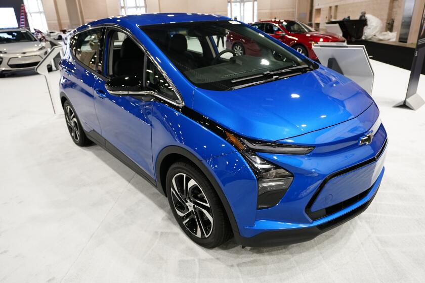 File - A Chevrolet Bolt is displayed at the Philadelphia Auto Show, Jan. 27, 2023, in Philadelphia. Electric vehicles are far less reliable than gasoline-powered cars, trucks and SUVs, mainly because most automakers are still learning how to build a completely new power system, according to this year's auto reliability survey by Consumer Reports.(AP Photo/Matt Rourke, File)