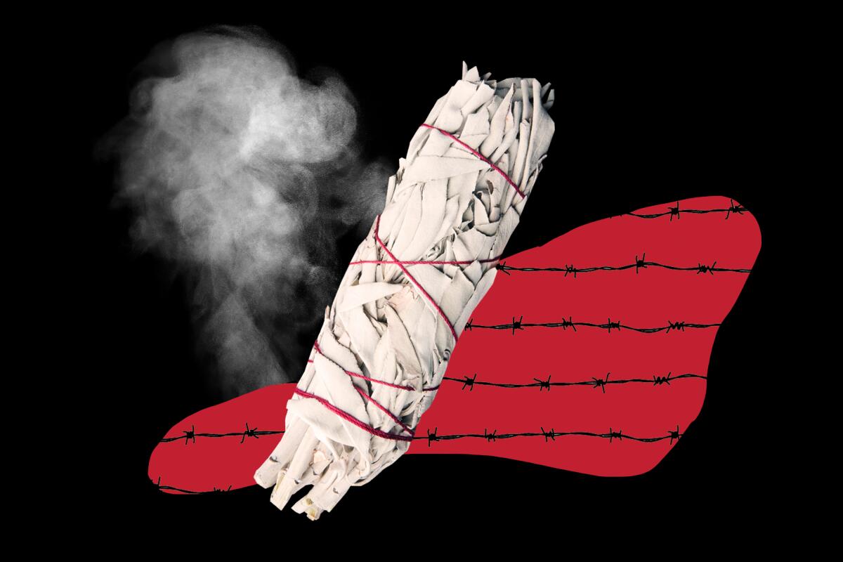 Photo illustration of a bundle of white sage, smoke and barbed wire 