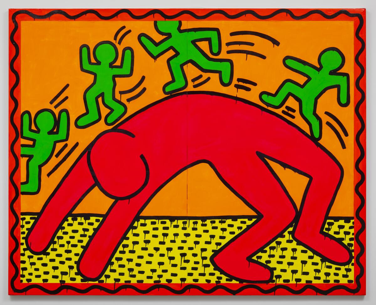A Keith Haring painting of a red humanoid bending over with four green humanoids sliding on his back