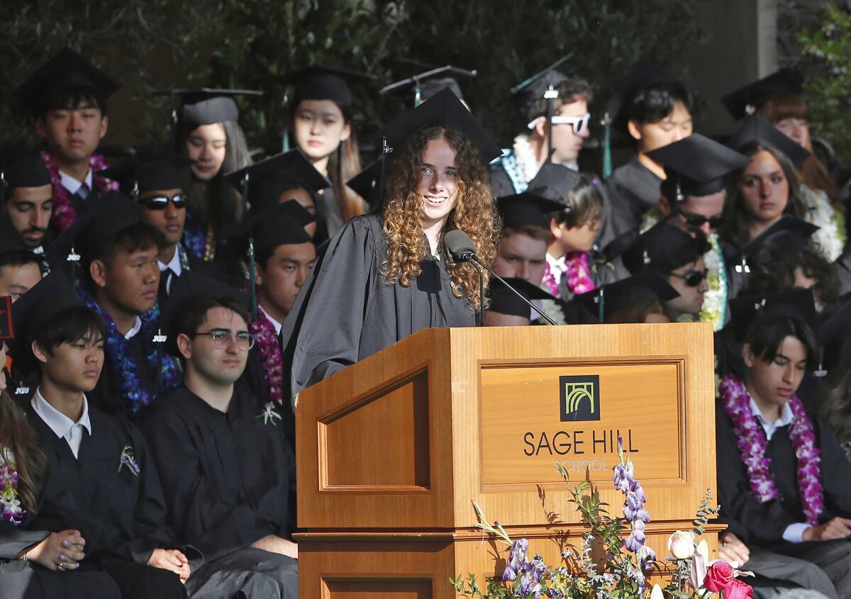 Student speaker Ava Herin gives the class oration during the 2023 Sage Hill graduation ceremony on Friday.
