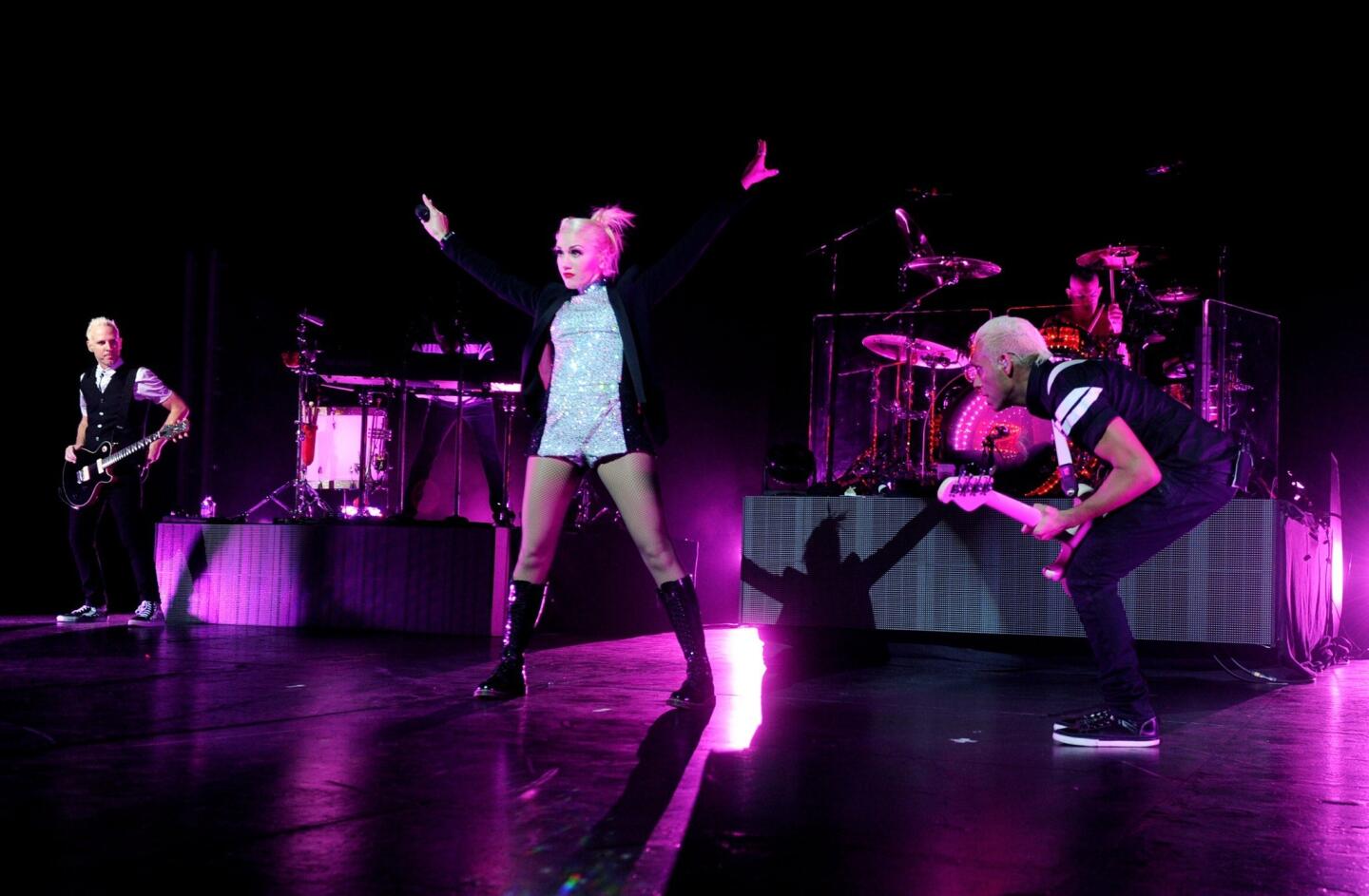 Musician Tom Dumont, singer Gwen Stefani, musician Tony Kanal and Adrian Young of No Doubt perform.