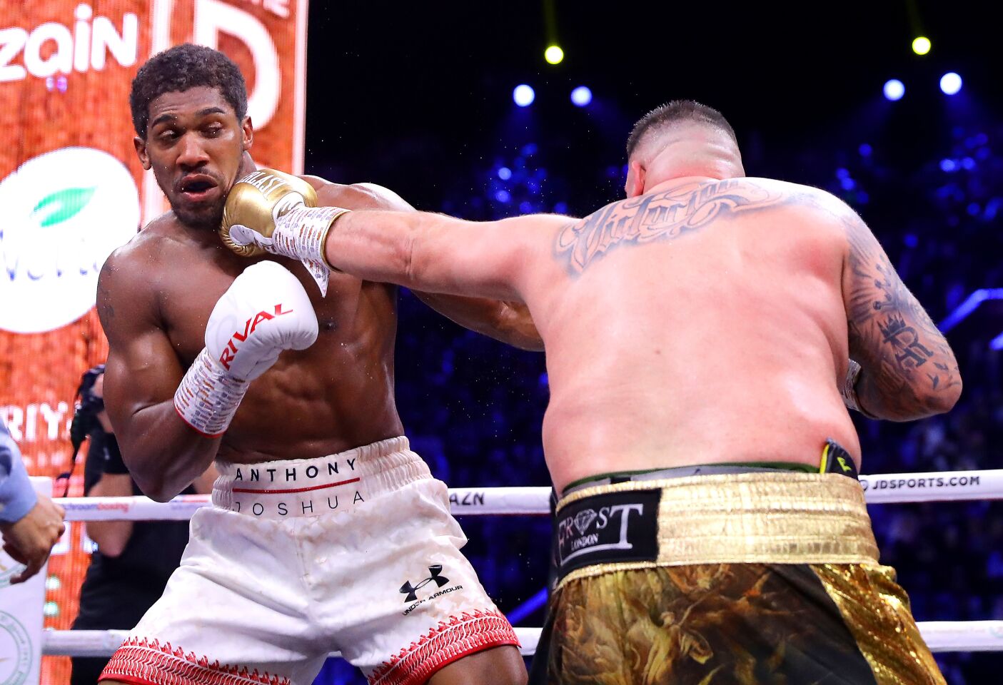 Andy Ruiz Jr. punches Anthony Joshua with a left hand during a heavyweight title fight on Dec. 7 in Diriyah, Saudi Arabia.