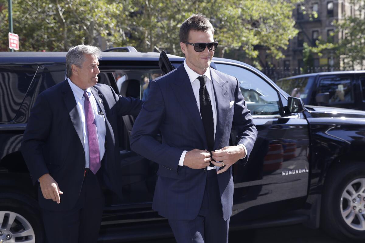 New England Patriots quarterback Tom Brady arrives at a federal courthouse in New York on Aug. 12.