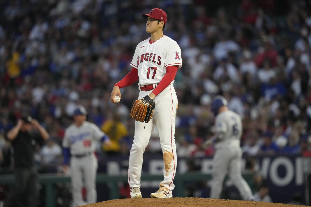 Angels pitcher Shohei Ohtani on the mound.