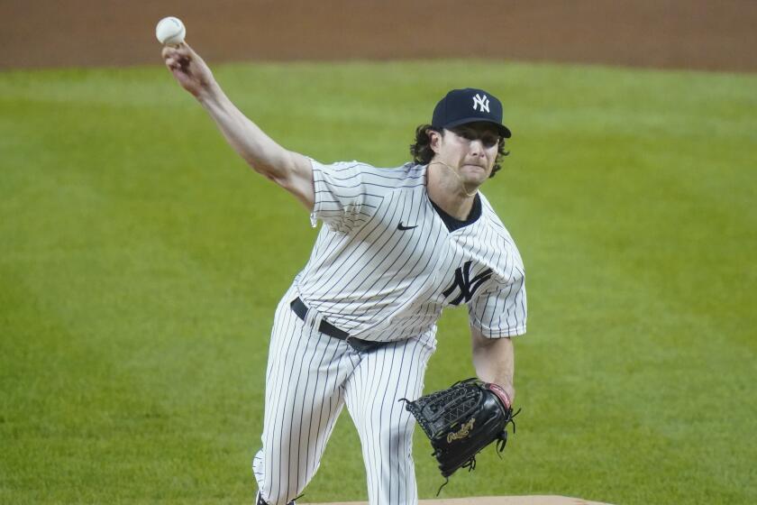 New York Yankees' Gerrit Cole delivers a pitch during the first inning of a baseball game against the Toronto Blue Jays Wednesday, Sept. 16, 2020, in New York. (AP Photo/Frank Franklin II)