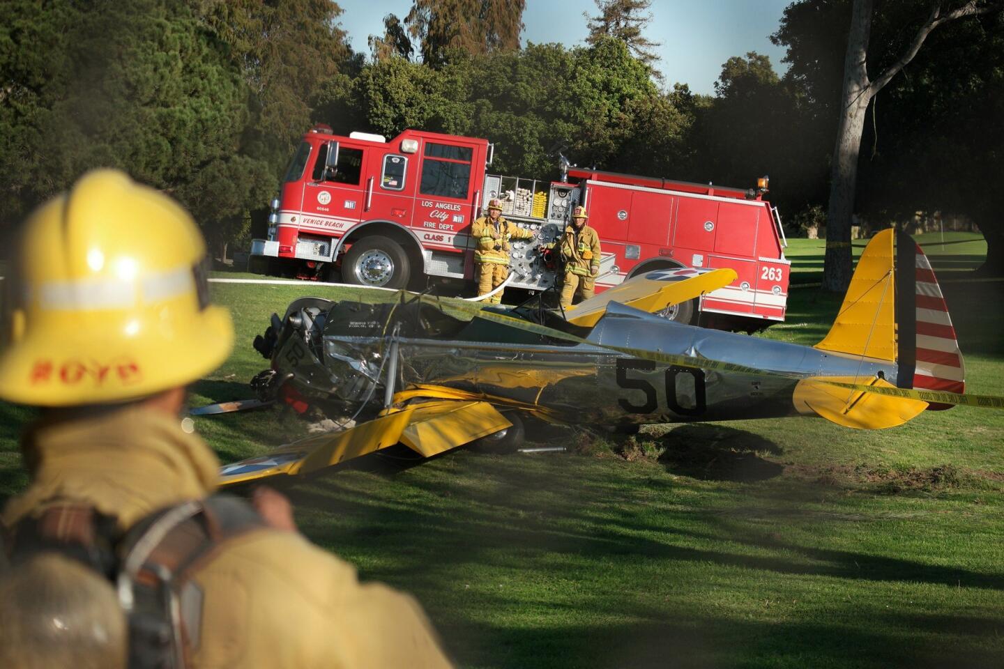 The small plane owned by actor Harrison Ford is seen after crashing at the Penmar Golf Course in Venice, Calif.