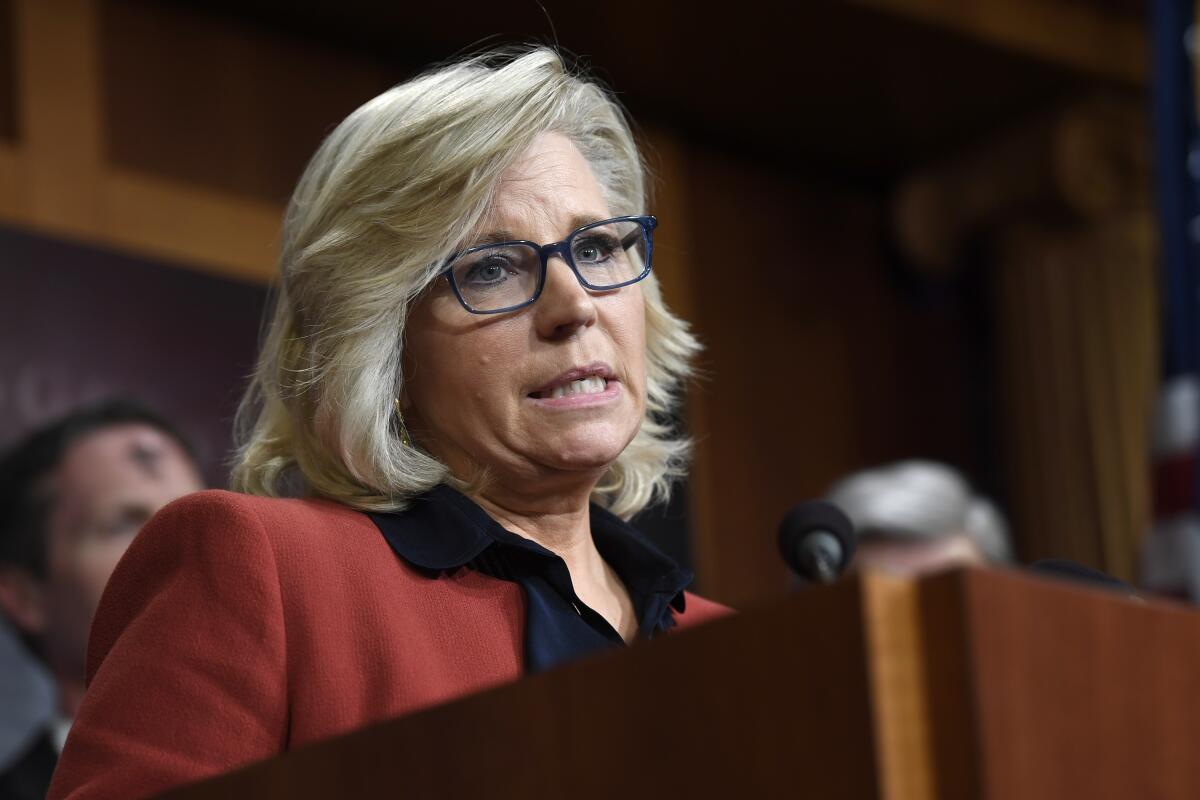 Republican Rep. Liz Cheney speaks at a podium. 