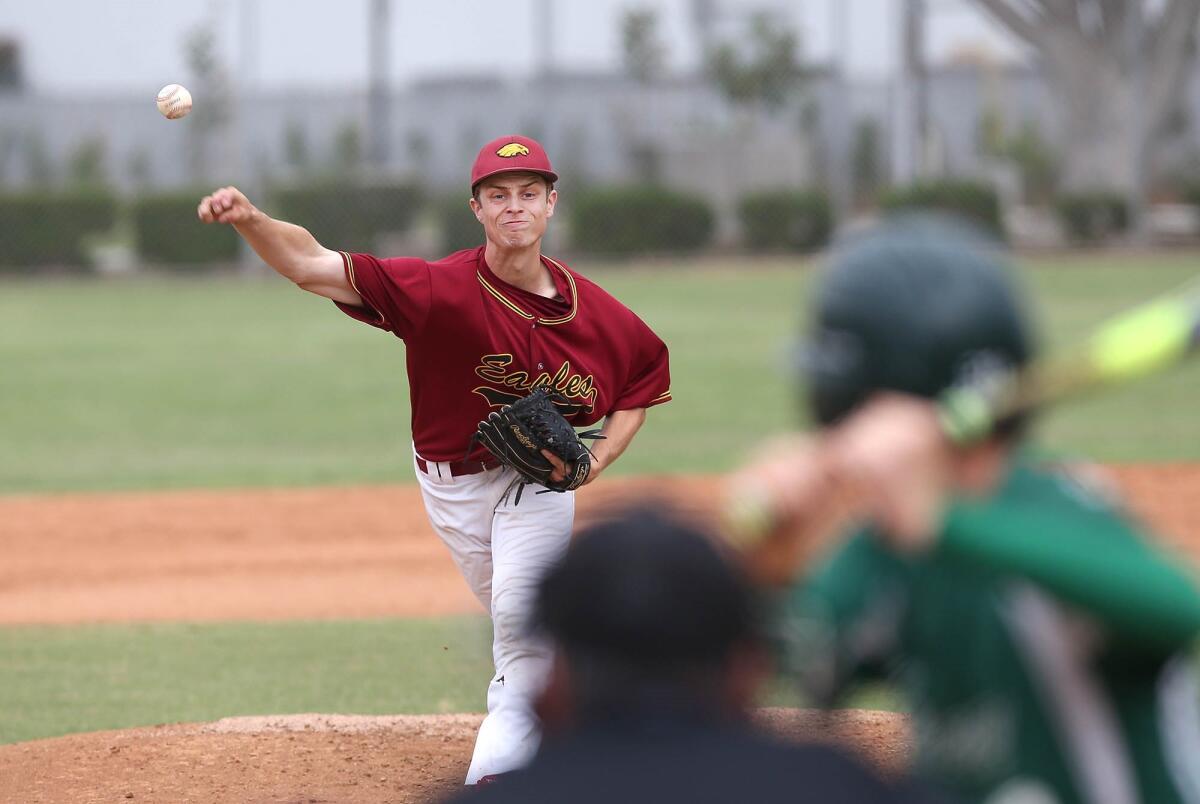 Estancia starting pitcher Jake Covey delivers against Costa Mesa during a tiebreaker game to determine second place in the Orange Coast League on May 11, 2018.