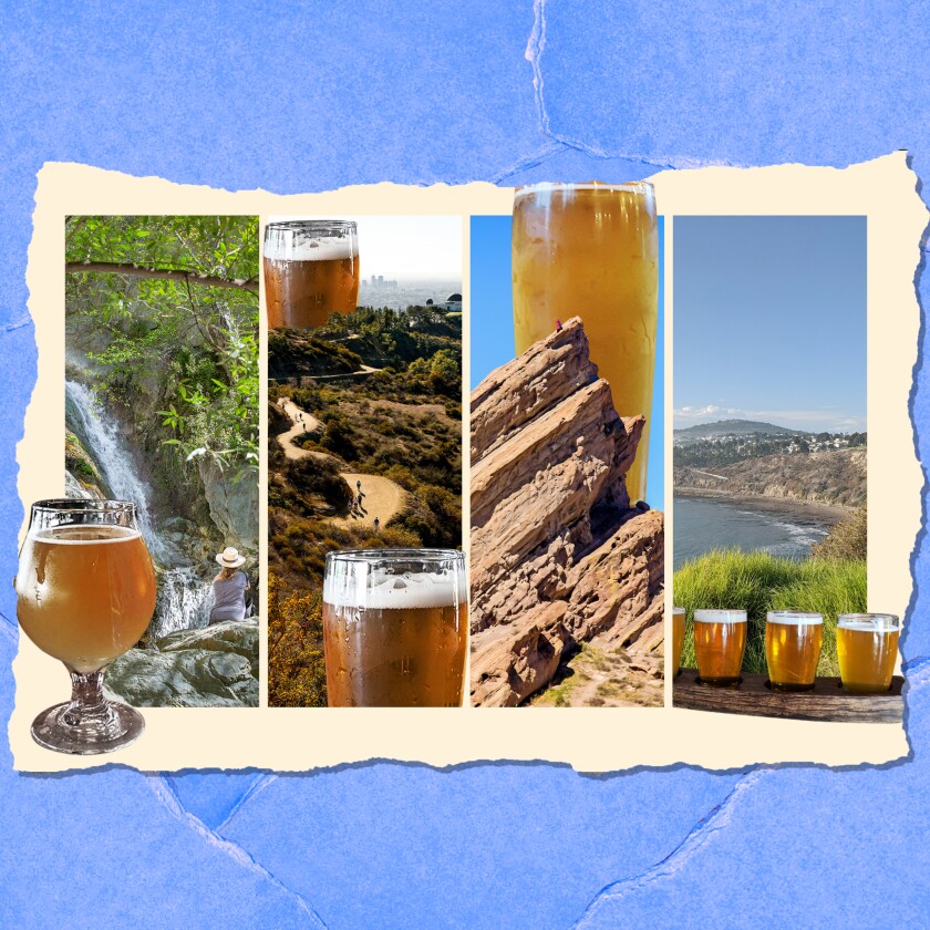 A photo collage of glasses of beer next to mountains.