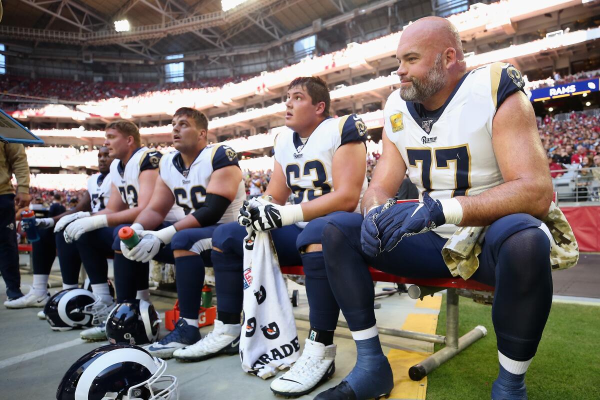 Linemen such as (from left) David Edwards (73), Austin Blythe and Austin Corbett can appreciate the veteran presence of Andrew Whitworth (77).