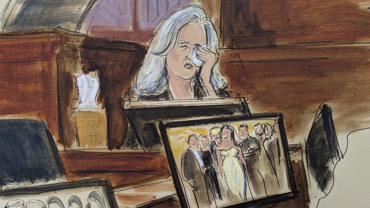 Courtroom sketch of woman holding a tissue to her eyes 