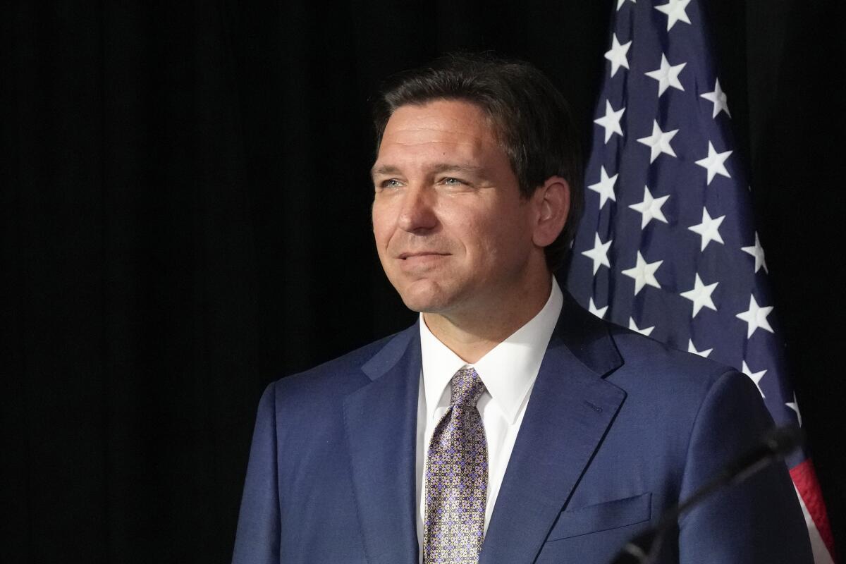 FILE - Florida Gov. Ron DeSantis looks on after announcing a proposal for Digital Bill of Rights, Wednesday, Feb. 15, 2023  