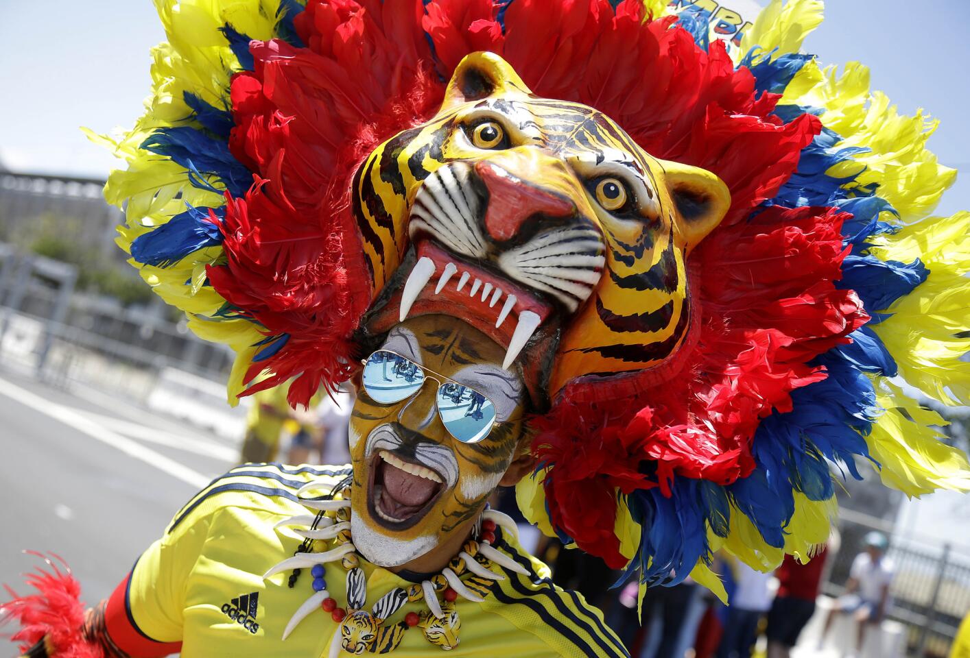 A Colombia fan smiles before a Copa America Centenario Group A soccer match between the United States and Colombia at Levi's Stadium in Santa Clara, Calif., Friday, June 3, 2016. (AP Photo/Marcio Jose Sanchez)