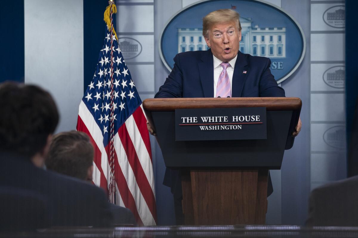 WASHINGTON, DC - APRIL 04: U.S. President Donald Trump answers questions in the press briefing room with members of the White House Coronavirus Task Force on April 4, 2020 in Washington, DC. On Friday, the CDC issued a recommendation that all Americans should wear masks or cloth face coverings in public settings to slow the spread of the coronavirus (COVID-19). (Photo by Sarah Silbiger/Getty Images)