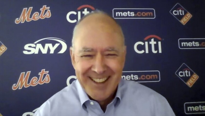 This photo from a Zoom press conference shows New York Mets President Sandy Alderson on Nov. 10, 2020.